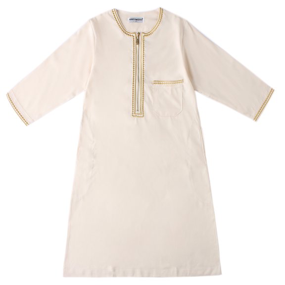 IBTOM CASTLE Robe for Boys Muslim Long Sleeve Thobe Abaya Saudi Arab Kaftan Islamic Zipper Arabic Dubai Dress with Pockets 5-6 Years Beige