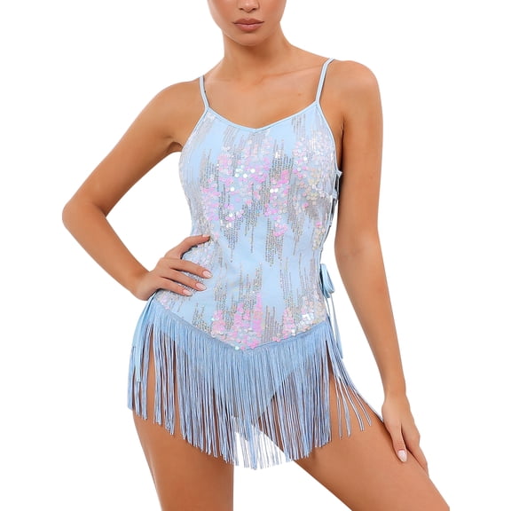 IBTOM CASTLE Sequin Fringe Bodysuit for Women Sparkly Hollow Out Tassel Romper Leotard Rave Latin Jazz Dance Acrobat Costume Blue