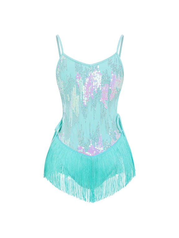 Sequin Fringe Bodysuit for Women Sparkly Hollow Out Tassel Romper Leotard Rave Latin Jazz Dance Acrobat Costume XS Green