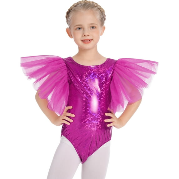IBTOM CASTLE Shiny Metallic Ballet Leotards for Girls Toddler Ruffle Tulle Gymnastics Leotard Kids Halloween Dance Dress up 3-4 Years Hot Pink