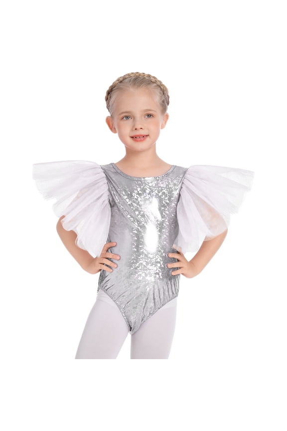 Shiny Metallic Ballet Leotards for Girls Toddler Ruffle Tulle Gymnastics Leotard Kids Halloween Dance Dress up 3-4 Years Silver