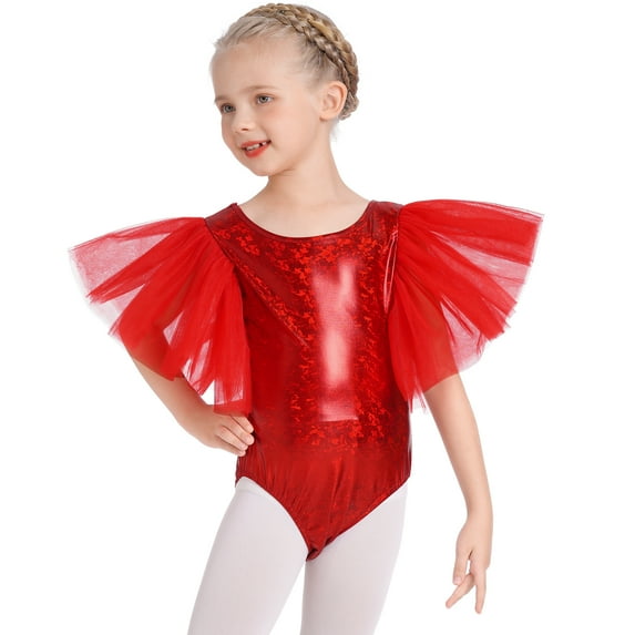 IBTOM CASTLE Shiny Metallic Ballet Leotards for Girls Toddler Ruffle Tulle Gymnastics Leotard Kids Halloween Dance Dress up 5-6 Years Red