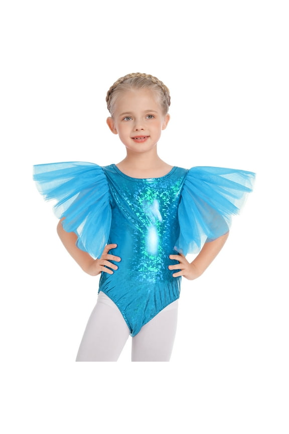 Shiny Metallic Ballet Leotards for Girls Toddler Ruffle Tulle Gymnastics Leotard Kids Halloween Dance Dress up 6-7 Years Blue