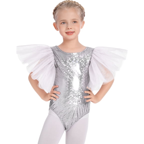 IBTOM CASTLE Shiny Metallic Ballet Leotards for Girls Toddler Ruffle Tulle Gymnastics Leotard Kids Halloween Dance Dress up 7-8 Years Silver