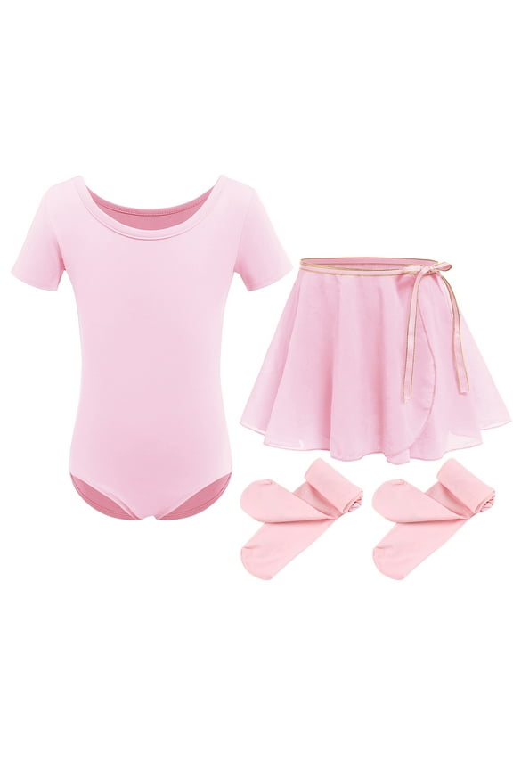 Toddler Kids Girls Short Sleeve Ballet Dance Leotards Costume with Chiffon Dance Skirt Tights Ballerina Outfits 7-8 Years Pink