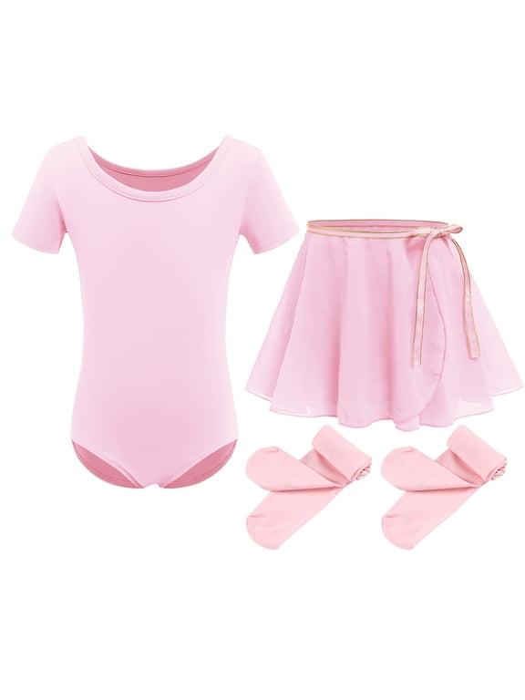 Toddler Kids Girls Short Sleeve Ballet Dance Leotards Costume with Chiffon Dance Skirt Tights Ballerina Outfits 7-8 Years Pink