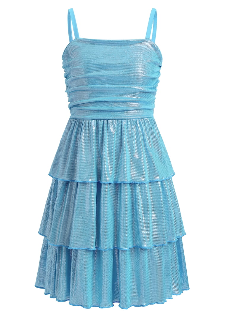 tween homecoming dresses Ibtom Castle Teen Girl Glitter Ruffle Metallic Adjustable Spaghetti Straps Dress Square Neck Tiered Hemline Pageant Graduation Prom Short Sleeve Gown