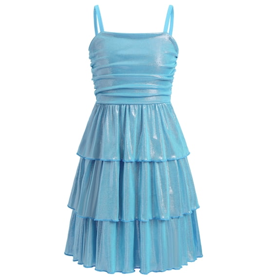 IBTOM CASTLE Teen Girl Glitter Ruffle Metallic Adjustable Spaghetti Straps Dress Square Neck Tiered Hemline Tween Pageant Homecoming Graduation Prom Outfits Junior Formal Easter Dress Sky Blue