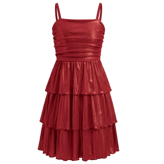 IBTOM CASTLE Teen Girl Glitter Ruffle Metallic Adjustable Spaghetti Straps Dress Square Neck Tiered Hemline Tween Pageant Homecoming Graduation Prom Outfits Junior Formal Easter Dress Red