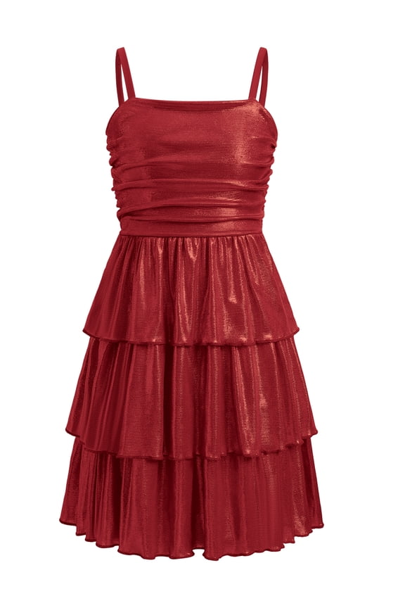 Teen Girl Glitter Ruffle Metallic Adjustable Spaghetti Straps Dress Square Neck Tiered Hemline Tween Pageant Homecoming Graduation Prom Outfits Junior Formal Easter Dress Red