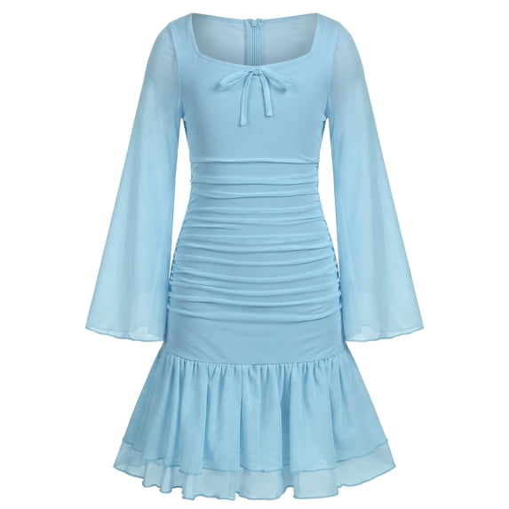 IBTOM CASTLE Teen Girls Dress Graduation Dress for Girls Long Bell Sleeve Mermaid Hem Prom Bodycon Dress With Shorts Bowknot Slim Fit Dresses Homecoming Birthday Outfit Blue