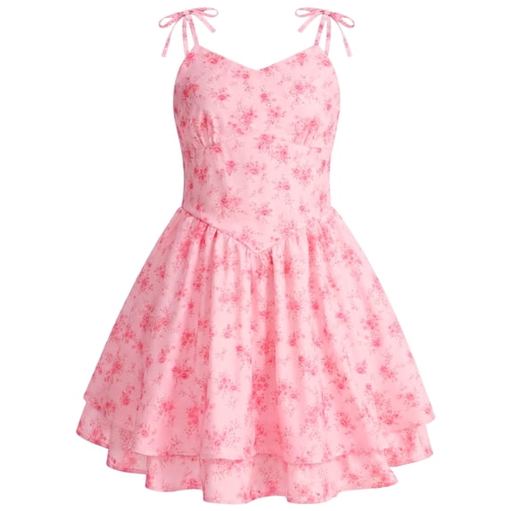 IBTOM CASTLE Teen Girls Floral Spaghetti Strap Sundress Party Dress | Adjustable Bow V Neck Ruffle Summer Dress, Tween Girls Graduation Dance Dress,Teens Birthday Holiday Dresses Pink