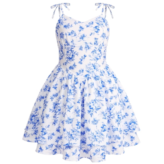 IBTOM CASTLE Teen Girls Floral Spaghetti Strap Sundress Party Dress | Adjustable Bow V Neck Ruffle Summer Dress, Tween Girls Graduation Dance Dress,Teens Birthday Holiday Dresses Blue