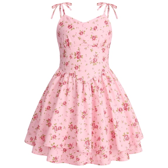 IBTOM CASTLE Teen Girls Floral Spaghetti Strap Sundress Party Dress | Adjustable Bow V Neck Ruffle Summer Dress, Tween Girls Graduation Dance Dress,Teens Birthday Holiday Dresses Pink-floral