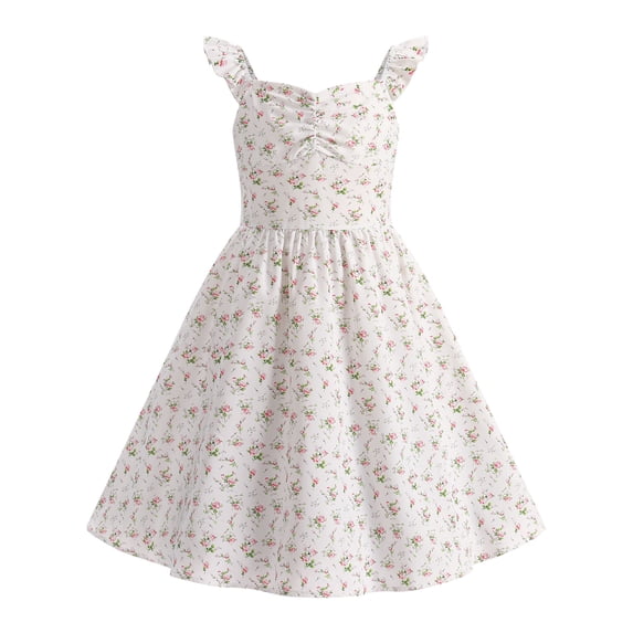 IBTOM CASTLE Teen Summer Holiday Floral Dress Junior Beach Casual Sundress | Tween Self Tie Back Flutter Sleeve Tea Party Back to School Prom Dress Beige