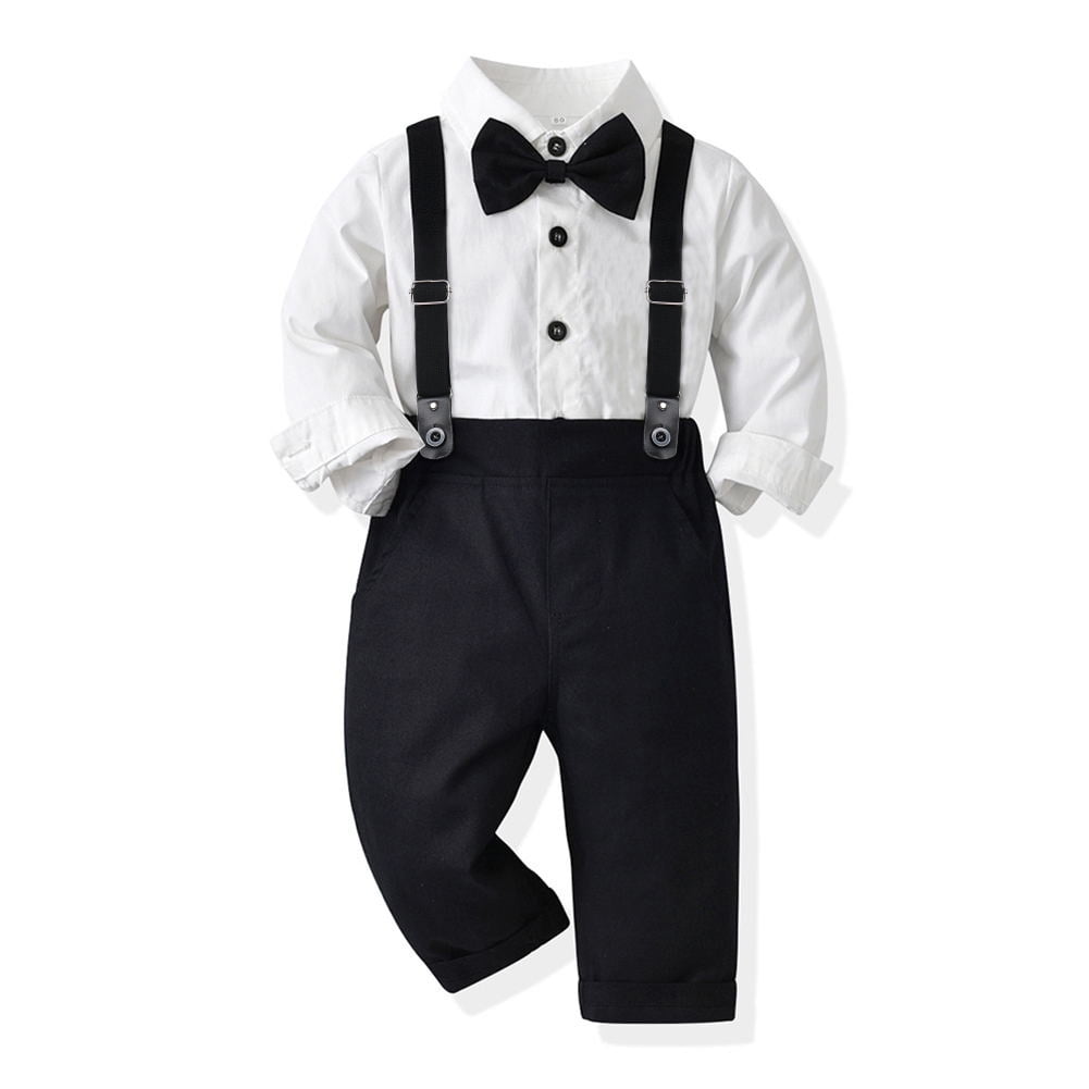 IBTOM CASTLE Toddler Baby Boys Baptism Christening Outift Gentleman Bowtie Shirt + Long Suspender Pants Wedding Birthday Formal Tuxedo Overalls Clothes