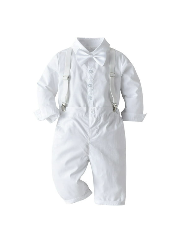 Toddler Baby Boys Baptism Christening Outift Gentleman Bowtie Shirt + Long Suspender Pants Wedding Birthday Formal Tuxedo Overalls Clothes