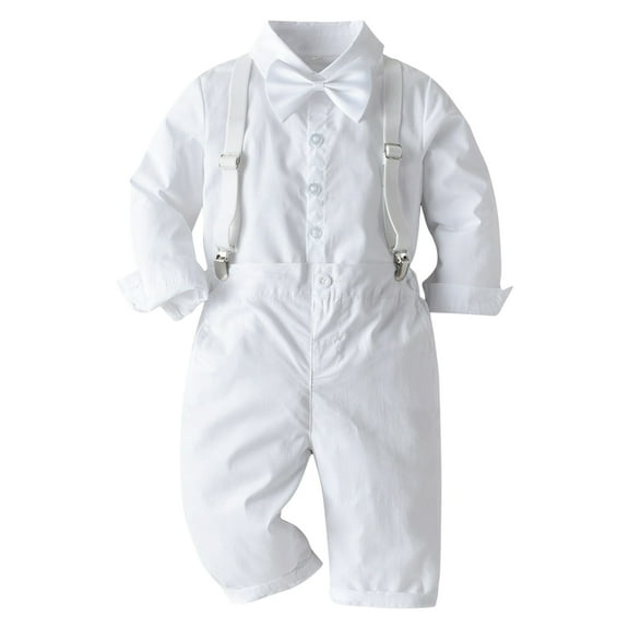 IBTOM CASTLE Toddler Baby Boys Baptism Christening Outift Gentleman Bowtie Shirt + Long Suspender Pants Wedding Birthday Formal Tuxedo Overalls Clothes