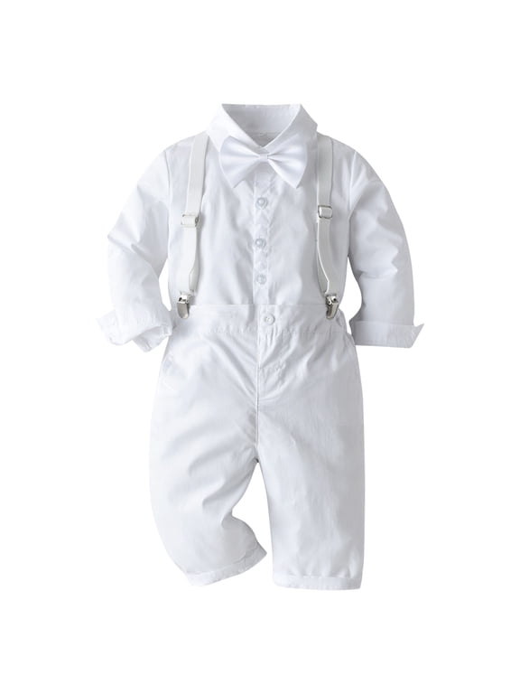 Toddler Baby Boys Baptism Christening Outift Gentleman Bowtie Shirt + Long Suspender Pants Wedding Birthday Formal Tuxedo Overalls Clothes