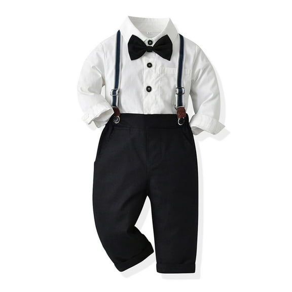 IBTOM CASTLE Toddler Baby Boys Baptism Christening Outift Gentleman Bowtie Shirt   Long Suspender Pants Wedding Birthday Formal Tuxedo Overalls Clothes