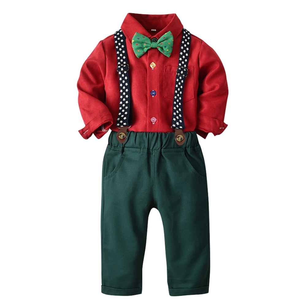 IBTOM CASTLE Toddler Baby Boys Baptism Christening Outift Gentleman Bowtie Shirt + Long Suspender Pants Wedding Birthday Formal Tuxedo Overalls Clothes