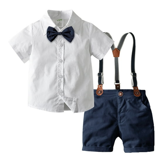 IBTOM CASTLE Toddler Baby Boys Formal Suit Gentleman Wedding Baptism Christening Outfits Bowtie Shirt + Suspender Shorts Pants Overalls Clothes 2-3 Years Navy Blue