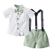 IBTOM CASTLE Toddler Baby Boys Formal Suit Gentleman Wedding Baptism Christening Outfits Bowtie Shirt + Suspender Shorts Pants Overalls Clothes 2-3 Years Green
