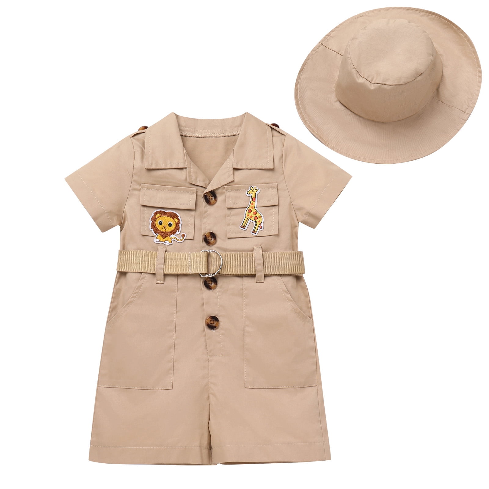 IBTOM CASTLE Toddler Baby Boys Girls Lion Giraffe Birthday Outfit One Piece Romper Jumpsuit with Belt and Hat Jungle Safari Cake Smash Clothes 0-6 Months Khaki