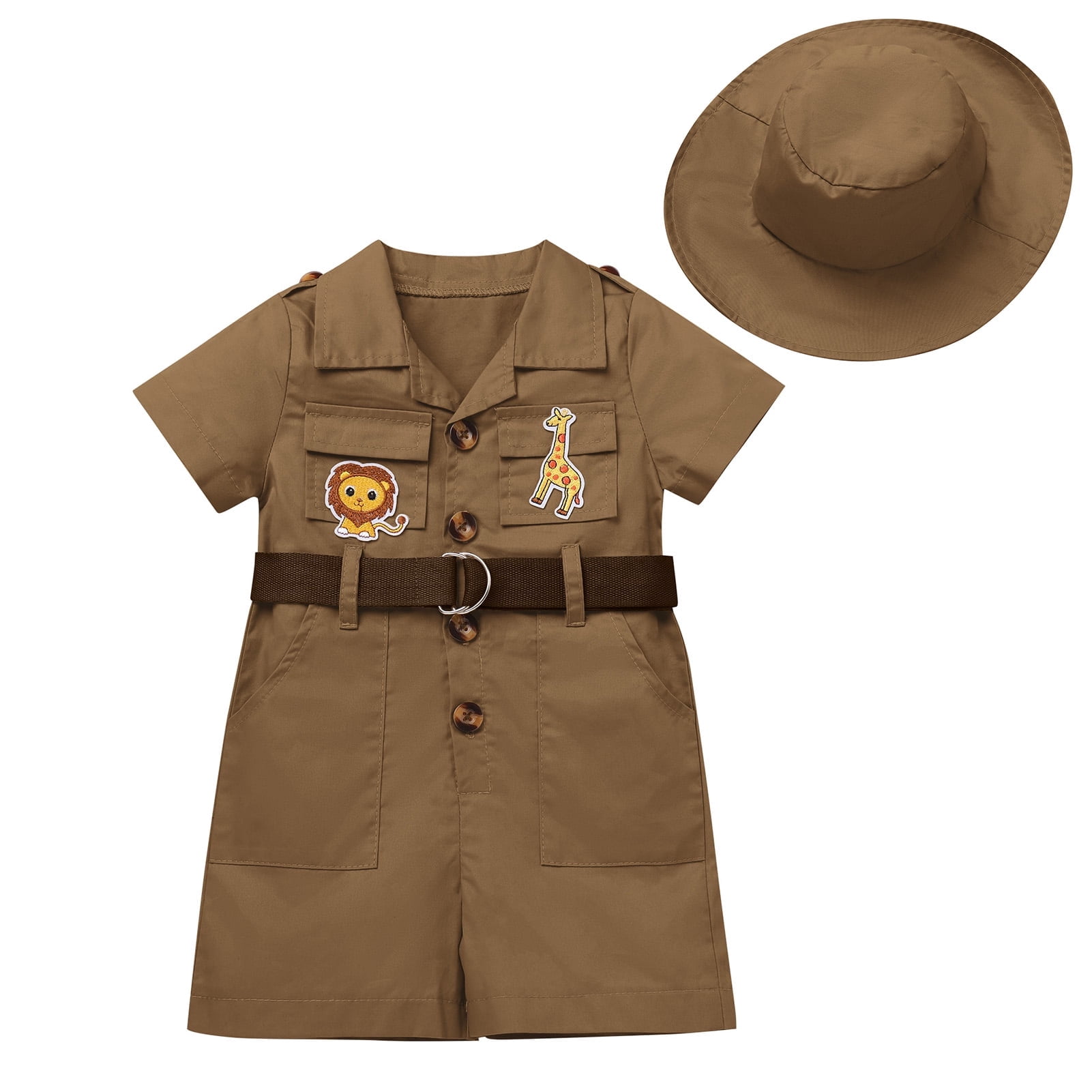 IBTOM CASTLE Toddler Baby Boys Girls Lion Giraffe Birthday Outfit One Piece Romper Jumpsuit with Belt and Hat Jungle Safari Cake Smash Clothes 12-18 Months Brown