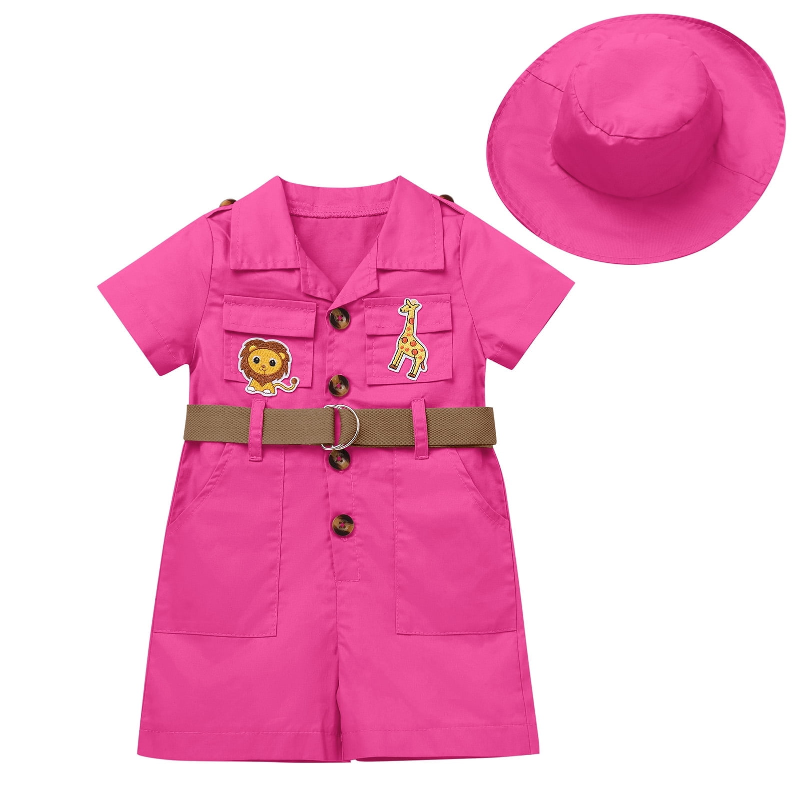 IBTOM CASTLE Toddler Baby Boys Girls Lion Giraffe Birthday Outfit One Piece Romper Jumpsuit with Belt and Hat Jungle Safari Cake Smash Clothes 12-18 Months Hot Pink