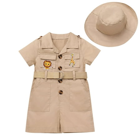 IBTOM CASTLE Toddler Baby Boys Girls Lion Giraffe Birthday Outfit One Piece Romper Jumpsuit with Belt and Hat Jungle Safari Cake Smash Clothes 12-18 Months Khaki