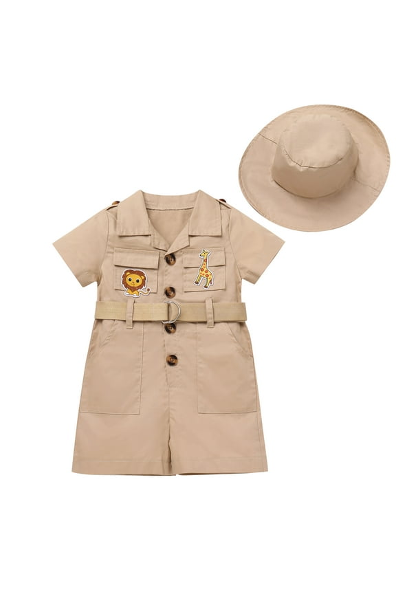 Toddler Baby Boys Girls Lion Giraffe Birthday Outfit One Piece Romper Jumpsuit with Belt and Hat Jungle Safari Cake Smash Clothes 12-18 Months Khaki