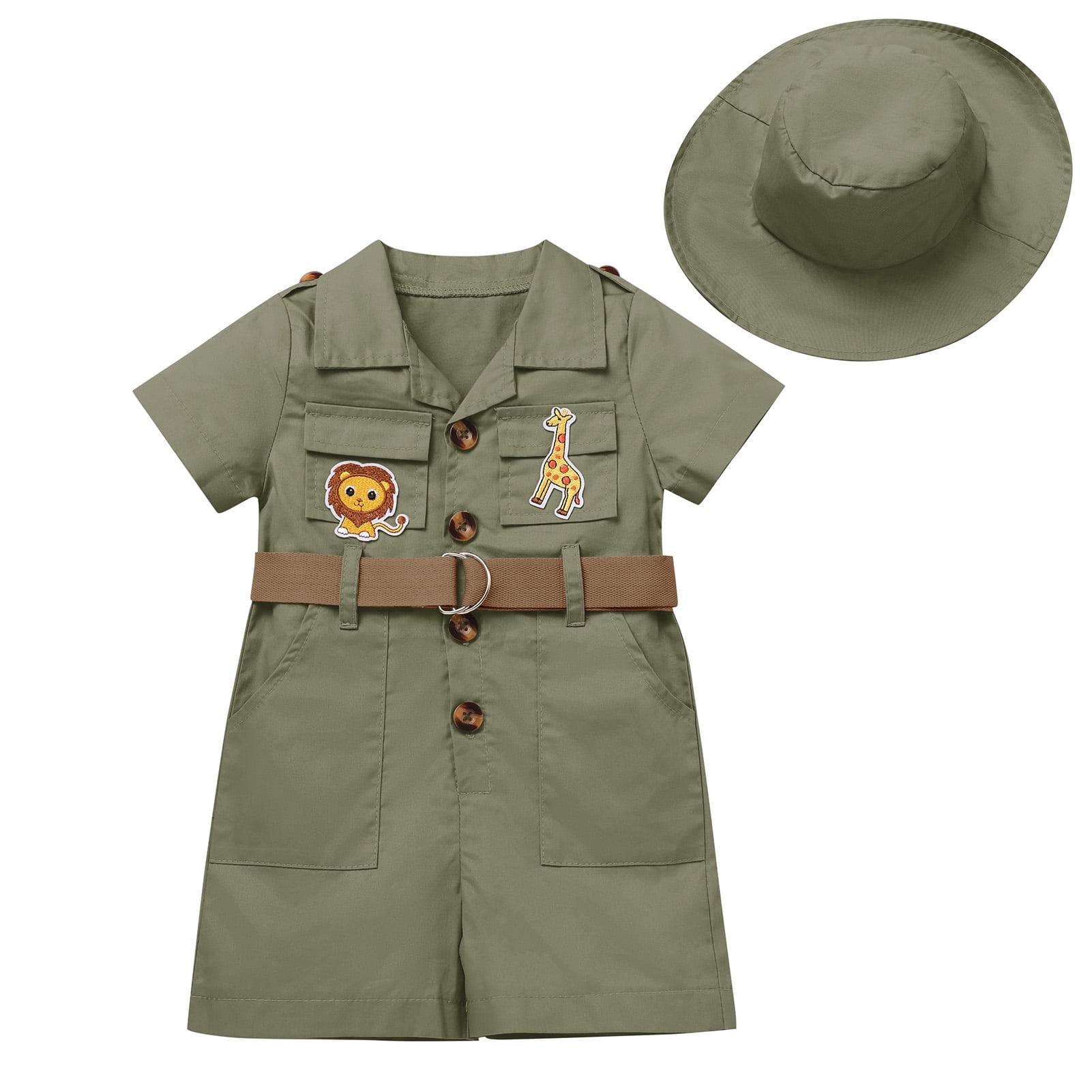 IBTOM CASTLE Toddler Baby Boys Girls Lion Giraffe Birthday Outfit One Piece Romper Jumpsuit with Belt and Hat Jungle Safari Cake Smash Clothes 18-24 Months Army Green