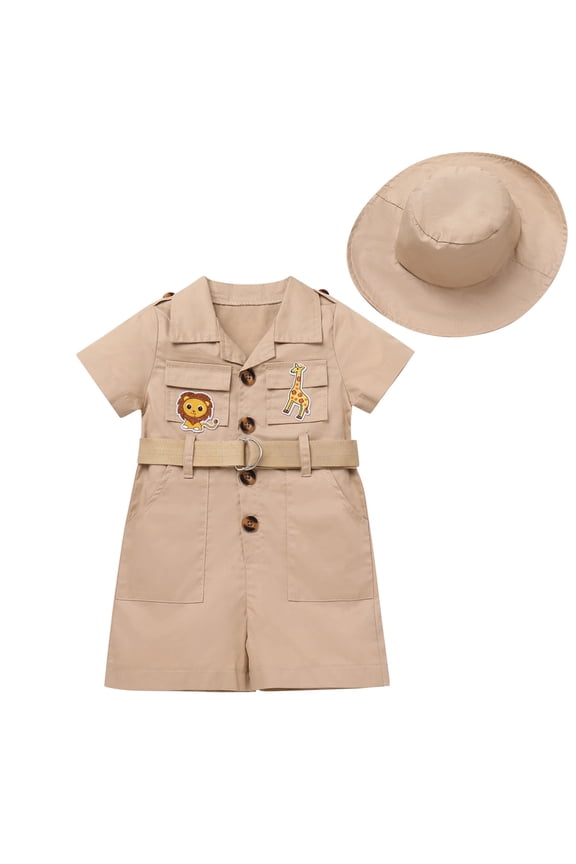 Toddler Baby Boys Girls Lion Giraffe Birthday Outfit One Piece Romper Jumpsuit with Belt and Hat Jungle Safari Cake Smash Clothes 2-3 Years Khaki