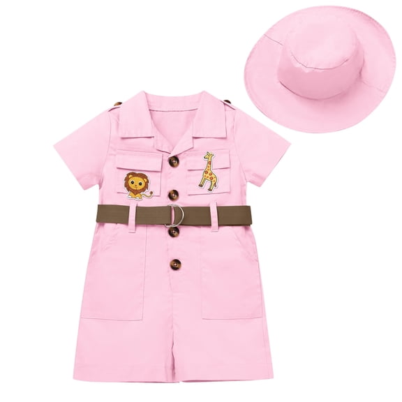 IBTOM CASTLE Toddler Baby Boys Girls Lion Giraffe Birthday Outfit One Piece Romper Jumpsuit with Belt and Hat Jungle Safari Cake Smash Clothes 2-3 Years Pink