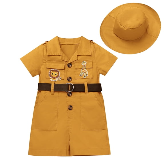 IBTOM CASTLE Toddler Baby Boys Girls Lion Giraffe Birthday Outfit One Piece Romper Jumpsuit with Belt and Hat Jungle Safari Cake Smash Clothes 2-3 Years Yellow