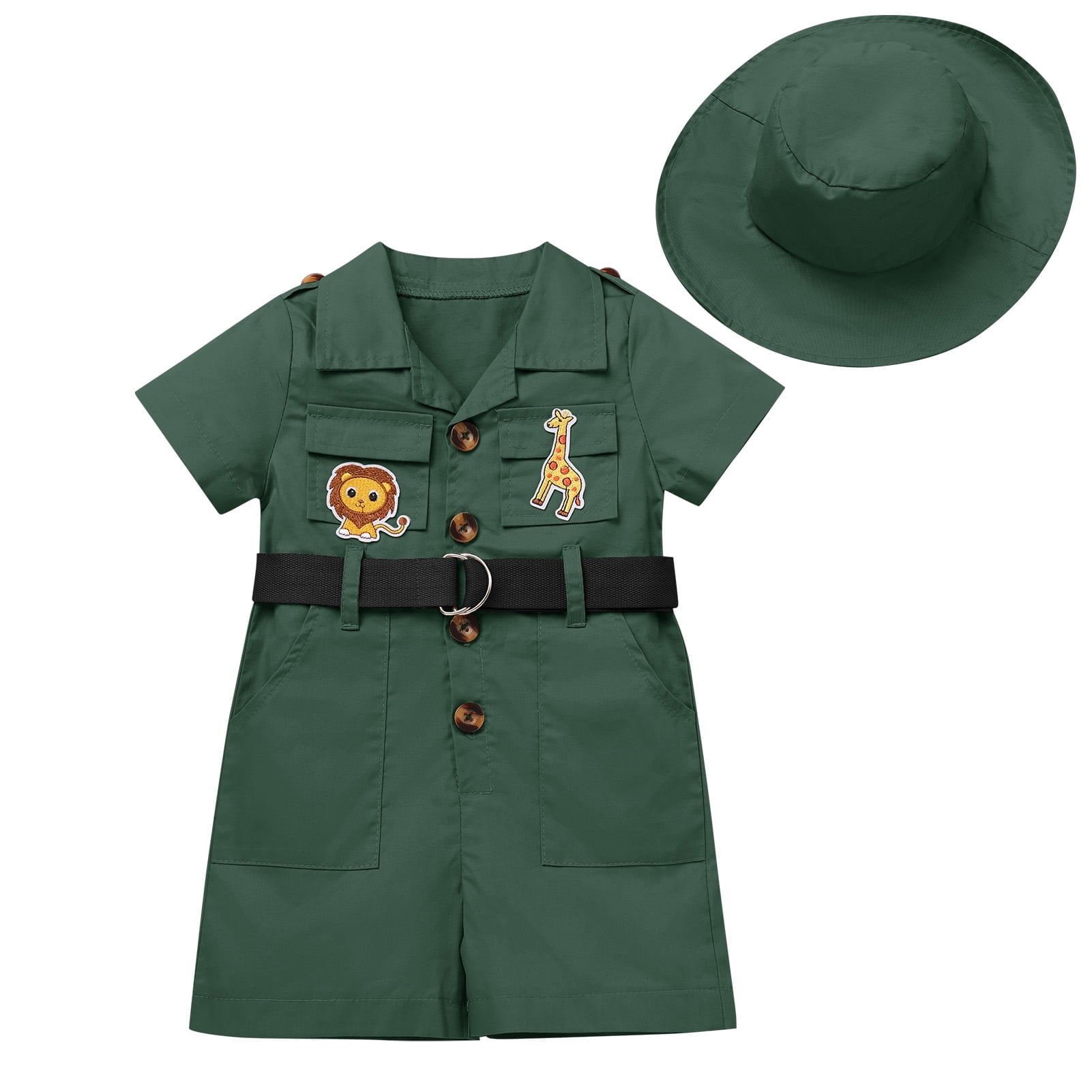 IBTOM CASTLE Toddler Baby Boys Girls Lion Giraffe Birthday Outfit One Piece Romper Jumpsuit with Belt and Hat Jungle Safari Cake Smash Clothes 6-12 Months Green