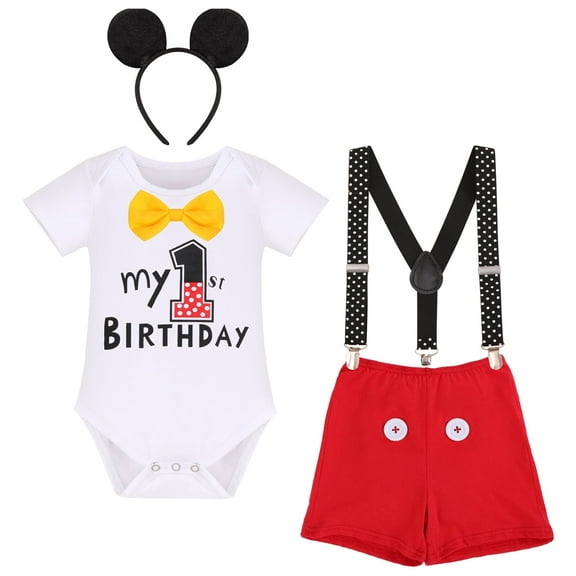 IBTOM CASTLE Toddler Baby Boys Mouse Cosplay Bowtie Romper   Suspenders   PP Pants   Mouse Headband 1st Birthday Outfit Halloween Cake Smash Tuxedo Clothes 12-18 Months White   Red - My 1st Birthday