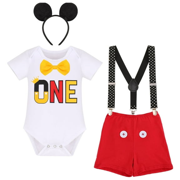 IBTOM CASTLE Toddler Baby Boys Mouse Cosplay Bowtie Romper   Suspenders   PP Pants   Mouse Headband 1st Birthday Outfit Halloween Cake Smash Tuxedo Clothes 12-18 Months White   Red - One