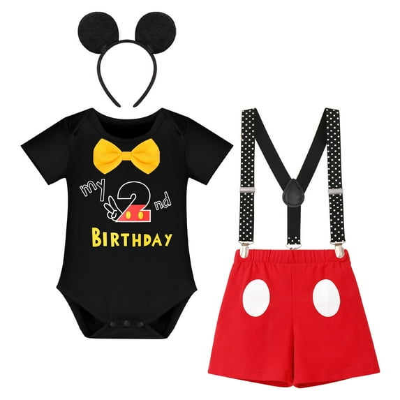 IBTOM CASTLE Toddler Baby Boys Mouse Cosplay Bowtie Romper + Suspenders + PP Pants + Mouse Headband 1st Birthday Outfit Halloween Cake Smash Tuxedo Clothes 18-24 Months Black - My 2nd Birthday