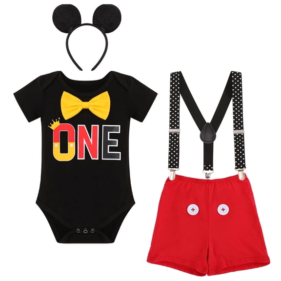 IBTOM CASTLE Toddler Baby Boys Mouse Cosplay Bowtie Romper + Suspenders + PP Pants + Mouse Headband 1st Birthday Outfit Halloween Cake Smash Tuxedo Clothes 9-12 Months Black + Red - One