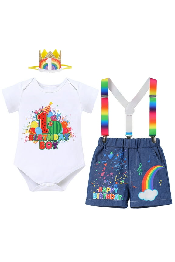 Toddler Baby Boys Watermelon 1st 2nd 3rd 4th 5th Birthday Outfit Melon Romper + Suspenders + Pants + Crown 4PCS Rainbow Clothes Set for Cake Smash Photo Shoot