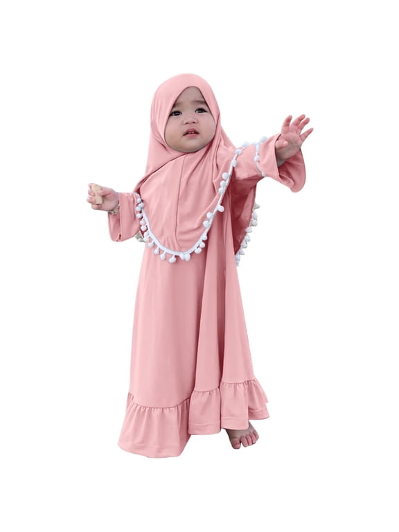 Toddler Baby Girl Abaya Dress with Hijab Long Sleeve Smocked Dress Islamic Dubai Full Cover Modest Muslim Dress 0-6 Months Pink