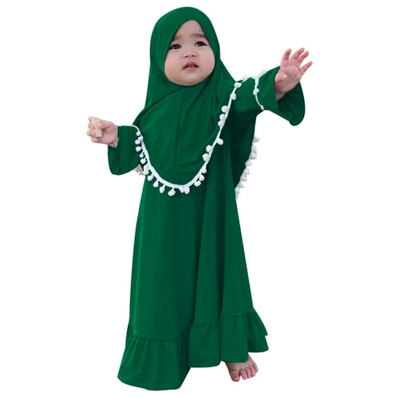 IBTOM CASTLE Toddler Baby Girl Abaya Dress with Hijab Long Sleeve Smocked Dress Islamic Dubai Full Cover Modest Muslim Dress 2-3 Years Green