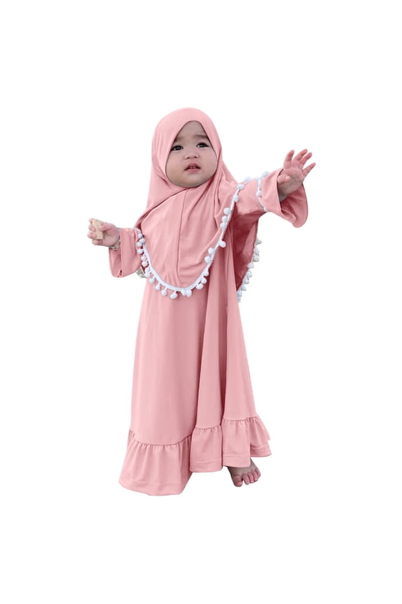 Toddler Baby Girl Abaya Dress with Hijab Long Sleeve Smocked Dress Islamic Dubai Full Cover Modest Muslim Dress 2-3 Years Pink