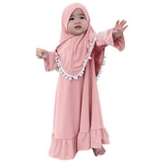 IBTOM CASTLE Toddler Baby Girl Abaya Dress with Hijab Long Sleeve Smocked Dress Islamic Dubai Full Cover Modest Muslim Dress 6-12 Months Pink
