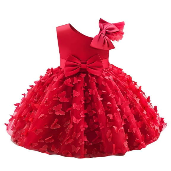 IBTOM CASTLE Toddler Baby Girl Butterfly Tutu Dress Bowknot Princess Flower Girl Wedding Pageant Birthday Party Dresses 12-18 Months Red
