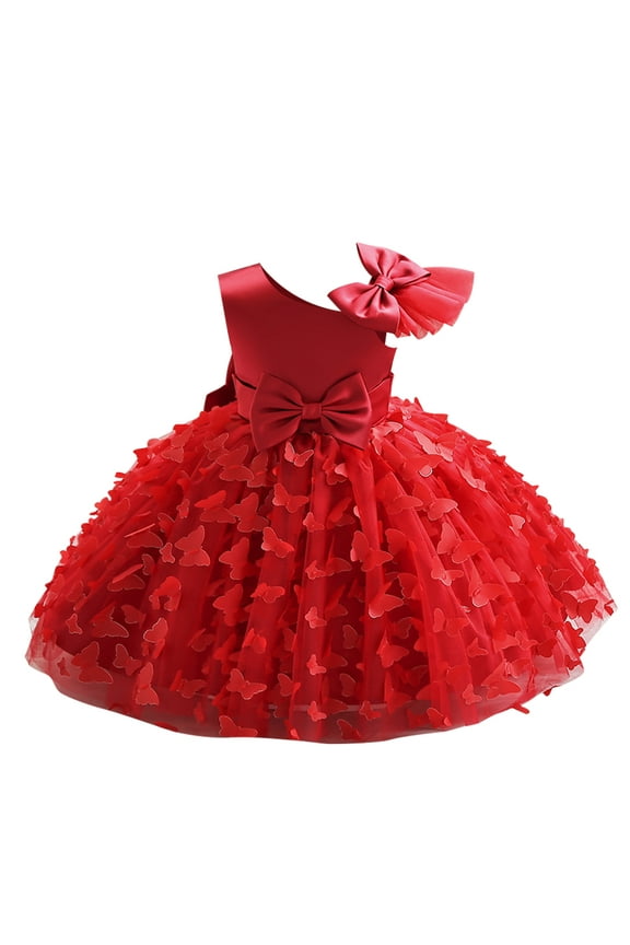 Toddler Baby Girl Butterfly Tutu Dress Bowknot Princess Flower Girl Wedding Pageant Birthday Party Dresses 12-18 Months Wine Red