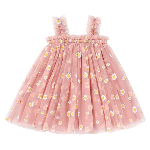 IBTOM CASTLE Toddler Baby Girl Princess Tutu Dress Tulle Bowknot Birthday Cake Smash Outfit Summer Wedding Dress for Photo Shoot 4-5 Years Pink Daisy