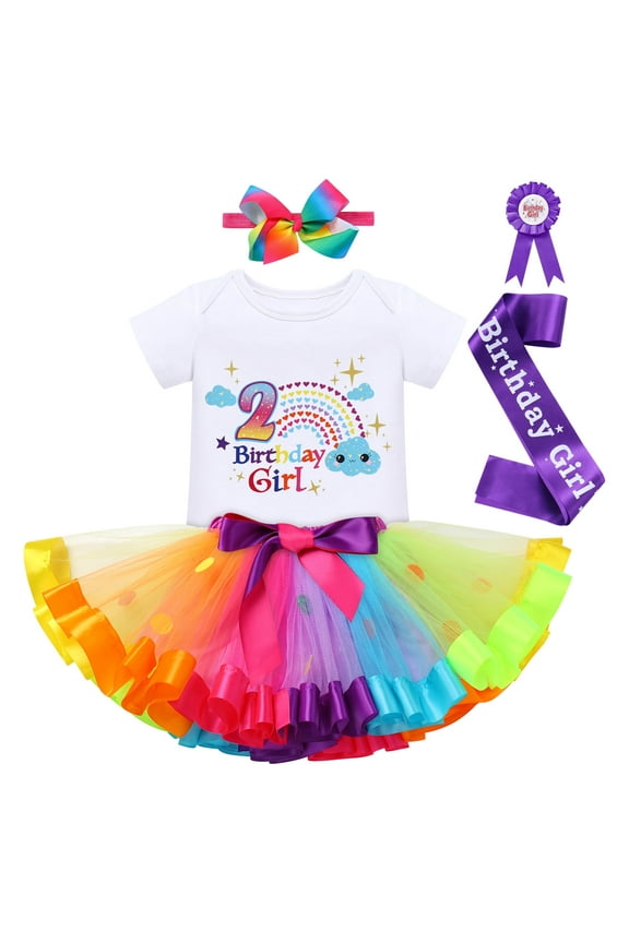 Toddler Baby Girl Unicorn 1st 2nd 3rd Birthday Outfit Romper + Rainbow Tutu Skirt + Headband + Sash + Badge 5PCS Princess Dress up Clothes Set for Cake Smash Photo Shoot